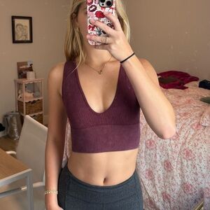 Plum V-Neck Ribbed Crop Top